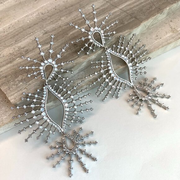 NEW~ Anthropologie Crystal Sunburst Silver Statement Earrings - Picture 5 of 10
